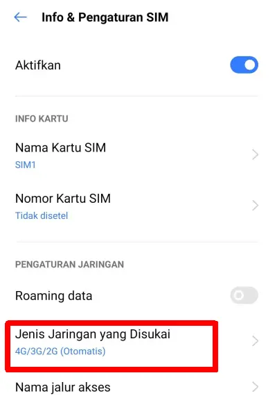 Jenis jaringan yang disukai Realme C21