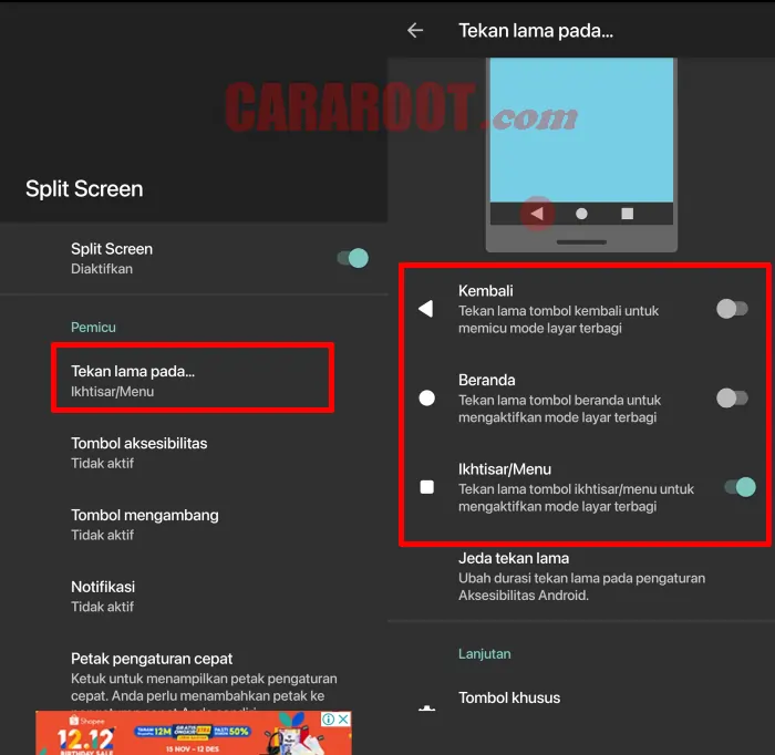 Pilih Tombol Untuk Mengakses Split Screen